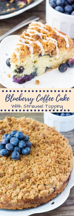 blueberry coffee cake on a white plate with fresh blueberries