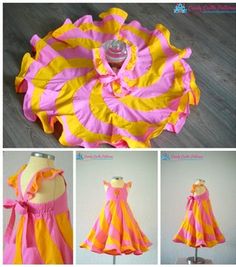 a dress made out of fabric with pink and yellow stripes on the bottom, in different directions