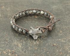 Silver Gray Fox Bracelet Bohemian Gemstone and Leather Fox Adjustable Gunmetal Pewter Jewelry, Silver Leather Beaded Bracelet As Gift, Silver Leather Beaded Bracelets For Gifts, Fox Bracelet, Fox Jewelry, Grey Fox, Pretty Bracelets, Fox, Silver Rings