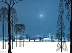 a snowy landscape with trees and a church on the hill in the distance at night