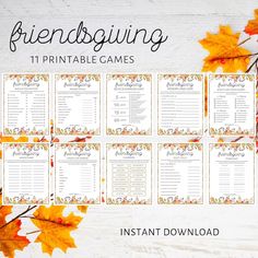 the printable thanksgiving game is shown with autumn leaves