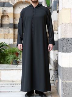 Full length Round neckline Hood 7-button opening with self-fabric loops Side slit pockets Raglan sleeves Model is 184cm (6 feet) and wearing size L Item Code: mG9702 Thobes Men, Pinterest Clothes, Arabic Kaftan, Men's Kurta, Muslim Men, Collar Neck, Islamic Clothing, One Piece Pajamas, Night Wear