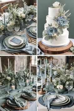 wedding cake with blue flowers and greenery on top, surrounded by silver candlesticks