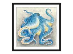 an octopus with blue and yellow colors on it's body is shown in a black frame