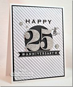 a happy 25th birthday card with the number twenty five in silver and black, on a white background