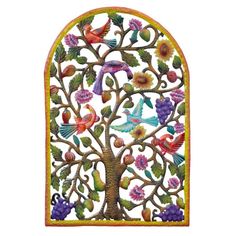 a decorative metal wall hanging with birds and flowers