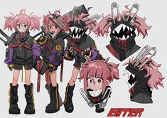 some anime characters with pink hair and black clothes, one is holding two swords while the other