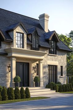 a large stone house with black shutters on the front door and windows, surrounded by hedges