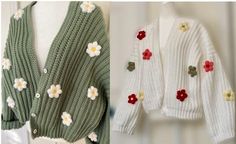 two sweaters with flowers on them and one is made out of knitted material