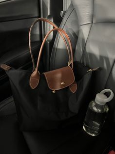 Black Long Champ Bag, Nice Bags For Women, Longchamp Leather Bag