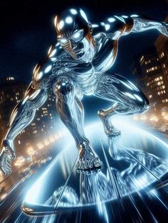 a silver man standing on top of a metal object in the middle of a city