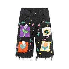 DESCRIPTION These pants evoke a decidedly handmade spirit. Durable and easy-care material. Sourced from - Free Shipping - Teeraphy Streetwear Bag Jeans, Mens Denim Shorts, Patchwork Shorts, Vintage Decoration, Cartoon Flowers, Straight Cut Jeans, Knitted Flowers, Indie Aesthetic, Floral Knit