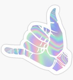 a holographic sticker with a hand giving the middle finger sign in rainbow hues