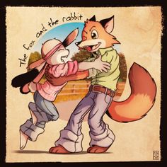 an image of a fox and the rabbit hugging each other with words written on it