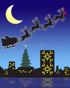 santa's sleigh flying over the city at night royalty illustration