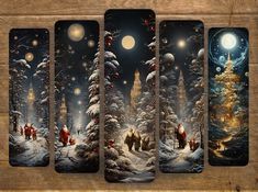 four christmas cards with an image of people walking in the snow at night, and a full moon above them