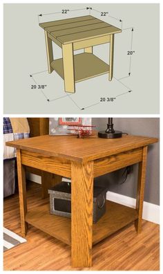 an image of a wooden table with measurements on the top and bottom, in front of it