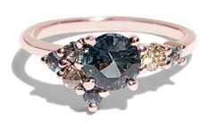 Custom 5.6mm Blue-Green Sapphire Cluster Ring with a Champagne Diamond and Seafoam Sapphires Large Gold Ring, Sapphire Cluster Ring, Rose Gold Diamond Necklace, Bario Neal, Branch Engagement Ring, Twig Engagement Ring, Rosecut Diamond Ring, Blue Green Sapphires, Mom Ring