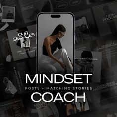 a woman sitting on top of a couch next to a cell phone with the words mindset