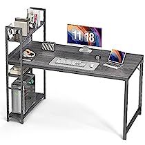 a computer desk with two shelves and a laptop on the top one shelf is open