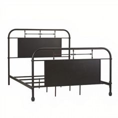 two black metal beds with rails and headboards on each side, against a white background