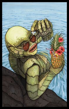 a painting of a turtle holding a pineapple in its hand while sitting on a rock next to the water