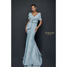 Terani Couture 1921M0726 Draped off shoulder stole reveals a simple gown with waist beads all in stretch Jacquard. Dress Couture, Mother Of The Bride Dresses Long, Simple Gowns, Mother Of The Bride Gown, Mother Of Groom Dresses, Terani Couture, Mob Dresses, Couture Candy, Acrylic Wedding