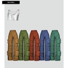 several different colored cargo pants with buttons on the front and back, all in different colors