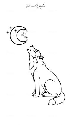 a drawing of a wolf sitting in front of the moon