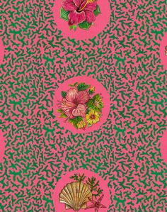 a pink and green wallpaper with different flowers on it's sides, in the middle