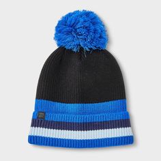 Amp up your accessories with the Kids' Striped Cuff Pom Beanie from All In Motion™ in Cobalt Blue One Size Fits Most. This fashion beanie is made of midweight knit fabric with full-lining for all-day cozy comfort. It features allover sparkle detailing with a pom-pom accent on the top to add a cute touch to their cool-weather outfit. Plus, the pull-on style allows for easy on and off. All in Motion™: Inspiring the potential in every body. Playful Blue Winter Beanie, Casual Adjustable Blue Beanie, Fashion Beanie, Flat Bill Hats, Flat Brim Hat, Men's Beanies, All In Motion, Scarf Hat, Pom Beanie