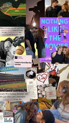 collage of photos with words and images on them, including baseball players in the background