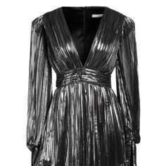 Nwt New Arrivals Metallic Black/Silver Lame Long Sleeve Cocktail Formal Dress Lightly Padded Shoulders Pleated Deep V Neckline V Front And Back Hemline Cuffs Are Fitted At The Wrists - Zipper Openings Fully Lined Zipper Fastening Imported From Turkey Msrp: $1,135 Size: 38 (S/M Us) Approximate Measurements Laid Flat Across Front: Pit To Pit: 17 3/4" Waist: 13 1/2" Length: 29" - 31" Care: Dry Clean Only Fast Shipping!! Luxury Metallic Dress For Night Out, Elegant Metallic Mini Dress For Festive Occasions, Elegant Shiny Mini Dress, Chic Metallic Mini Dress For Formal Events, Elegant Metallic Shiny Mini Dress, Chic Metallic Mini Dress For Formal Occasions, Luxury Silver Dresses For Festive Occasions, Luxury Silver Dress For Festive Occasions, Elegant Festive Metallic Mini Dress