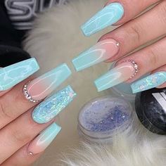 Acrylic Nails Coffin Ombre, Blue Ombre Nails, Long Acrylic Nail Designs, Blue Acrylic Nails, Heart Nail, Ombre Acrylic Nails, Her Nails, Glow Nails, Long Acrylic Nails Coffin