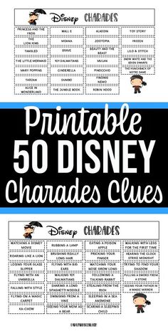 the 50 disney character clues with text that reads free printable