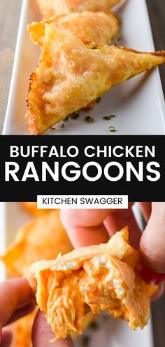 buffalo chicken rangoons on a white plate with a blue border and text overlay that reads buffalo chicken rangoons