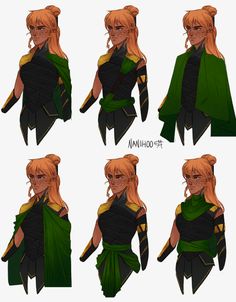 various poses of a woman with blonde hair and green dress, wearing black gloves and holding a