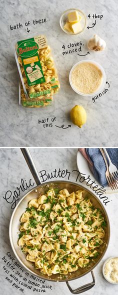 the ingredients to make this pasta dish are shown in two separate images, one is yellow and