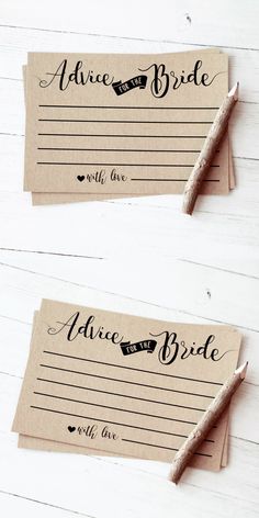 two brown paper tags with black ink on them that say advice to the bride and groom