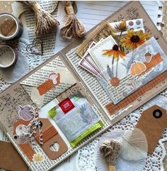 an assortment of crafting items displayed on a lace doily with coffee mugs and twine