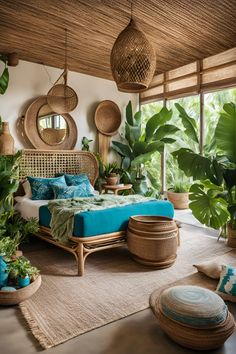 a bedroom with plants and wicker furniture