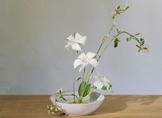 a white flower in a bowl on a wooden table