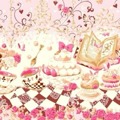 a table topped with lots of cakes and cupcakes on top of a checkered table cloth