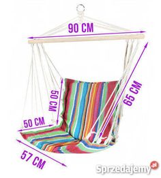 a colorful striped hammock hanging chair with measurements for the size and widths