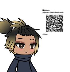 a cartoon character with a black scarf on her head and a qr code in the background