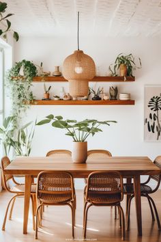 a dining room table and chairs with plants on the shelves