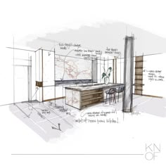 an architectural drawing of a kitchen and dining room