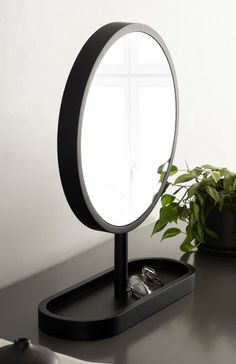 a mirror sitting on top of a table next to a potted plant