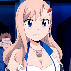 an anime character with blonde hair and blue eyes, wearing a white bra - top