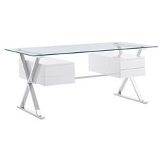 a glass desk with two drawers underneath it